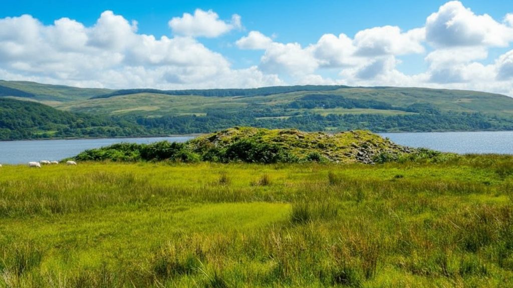 An Sean Chaisteal Broch, shown on a sunny day with clear light illuminating the stone structure and surrounding grassy terrain.