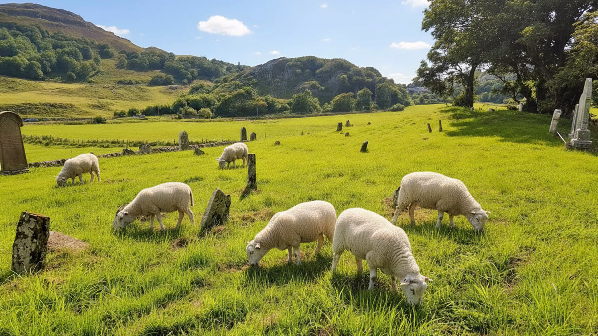 Sheep grazing at Calgary Cemetery, shown among the gravestones with grass-covered ground and surrounding rural landscape.