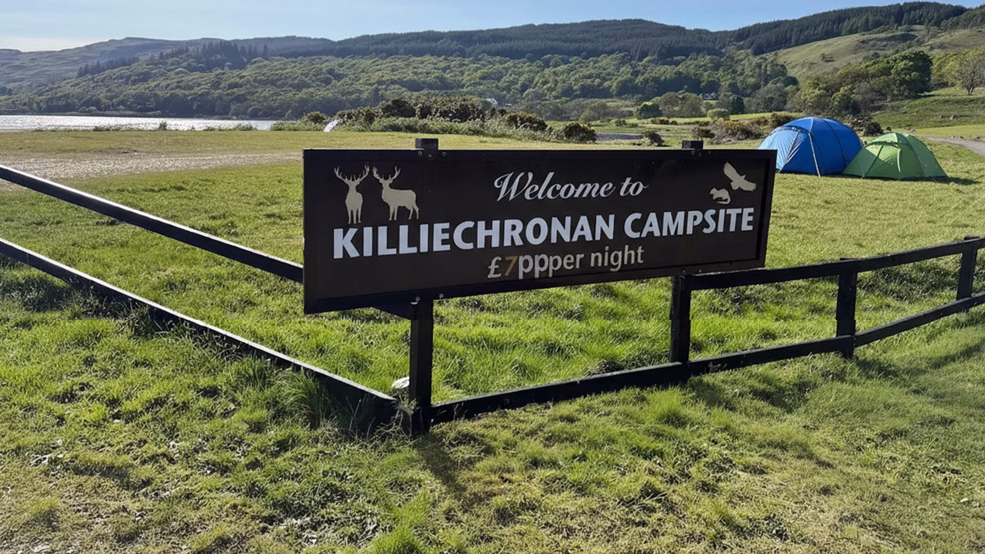 View of Killichronan Campsite with entrance sign on the Isle of Mull