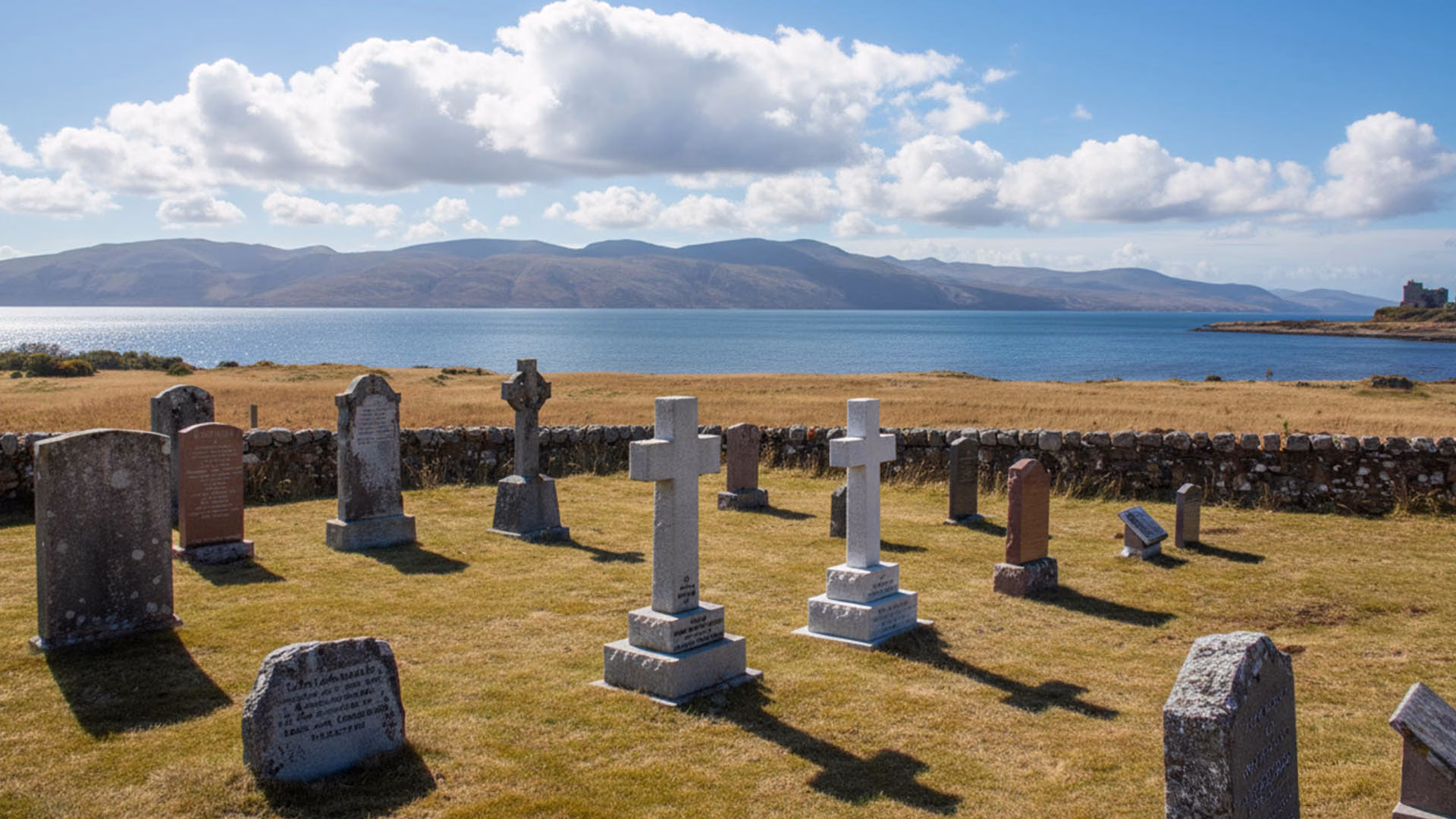 Kilpatrick Cemetery, showing gravestones in the foreground with Duart Castle visible in the background across the Sound of Mull.