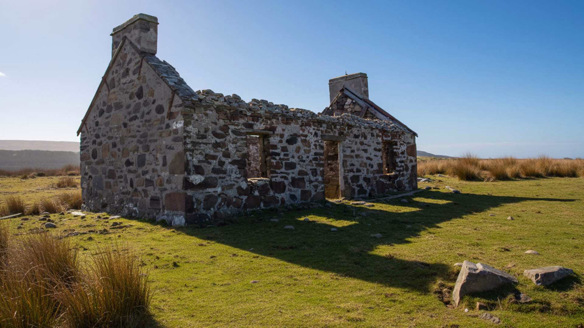 Shiaba Settlement, Isle of Mull—showing a ruined stone building under blue skies, with surrounding grassy terrain and open landscape