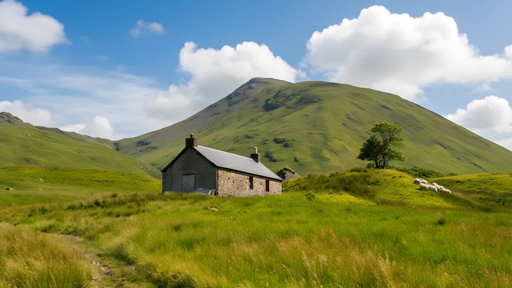 Tomsleibhe Bothy on the Isle of Mull, viewed from outside with surrounding mountains rising in the background and rugged terrain in the foreground, sheep graze in field