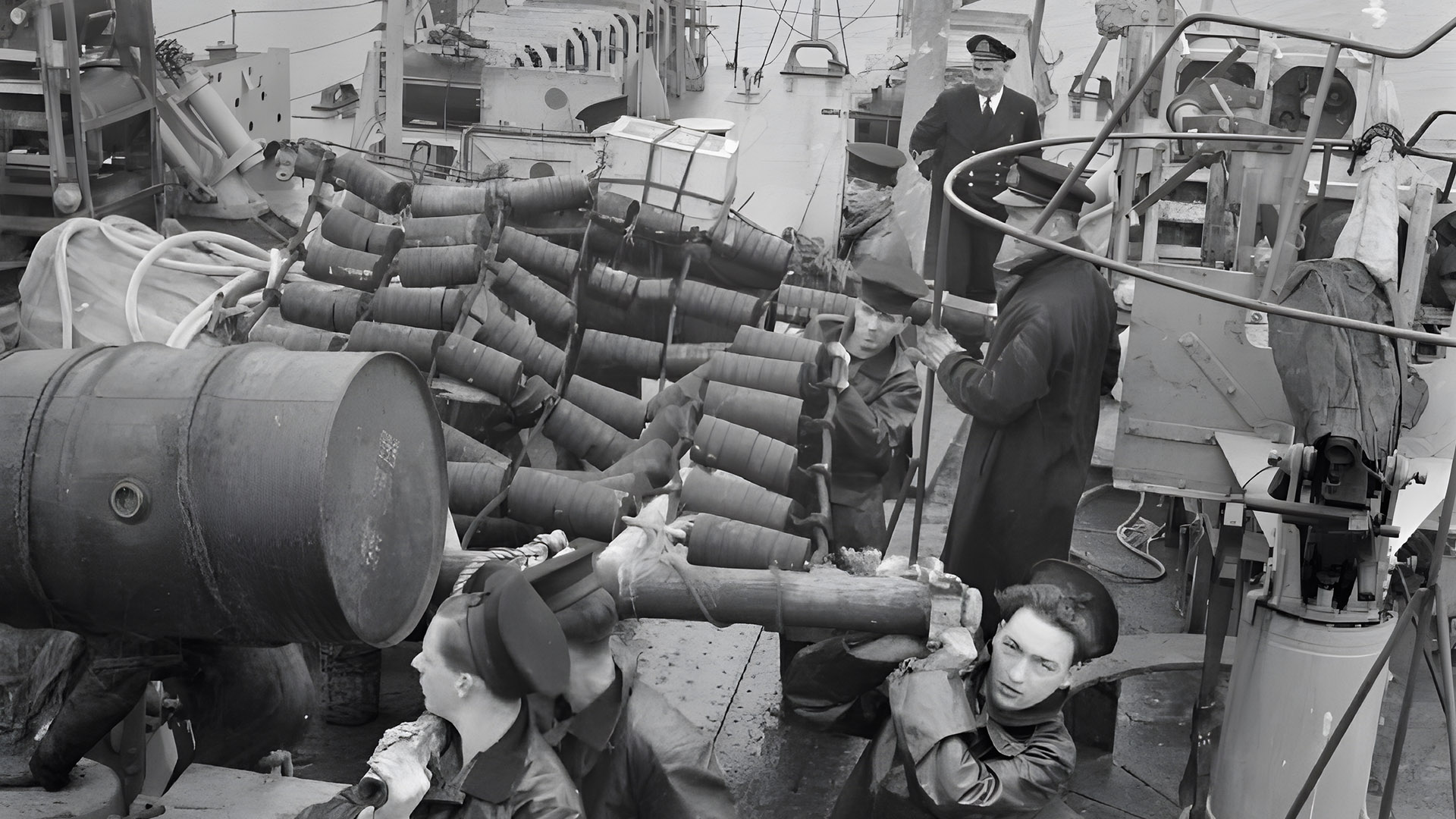 Naval ratings at HMS Western Isles in Tobermory constructing an emergency raft in seven minutes.