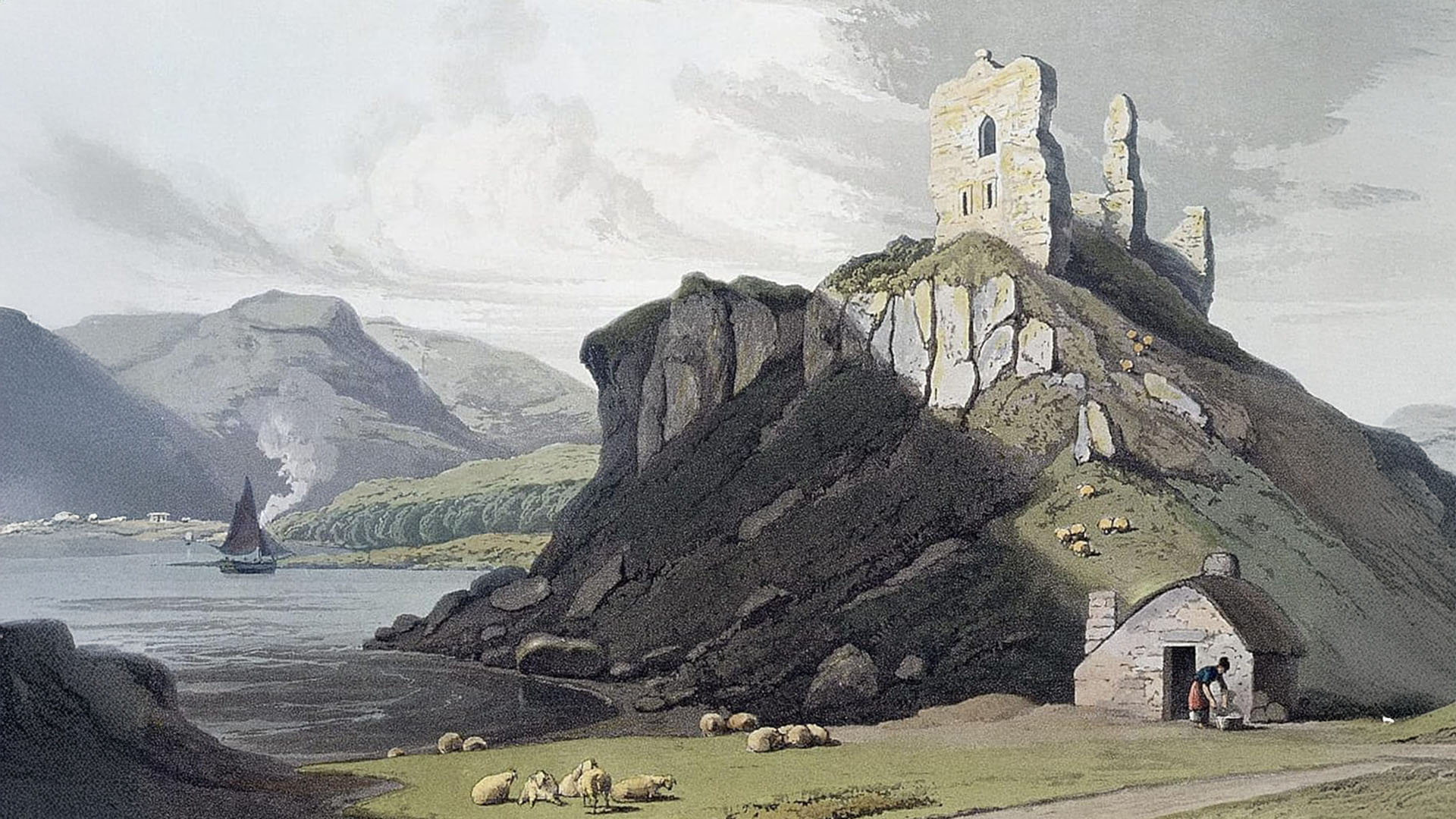 painting of castle on hilltop, William Daniell - Aros Castle, Isle Of Mull