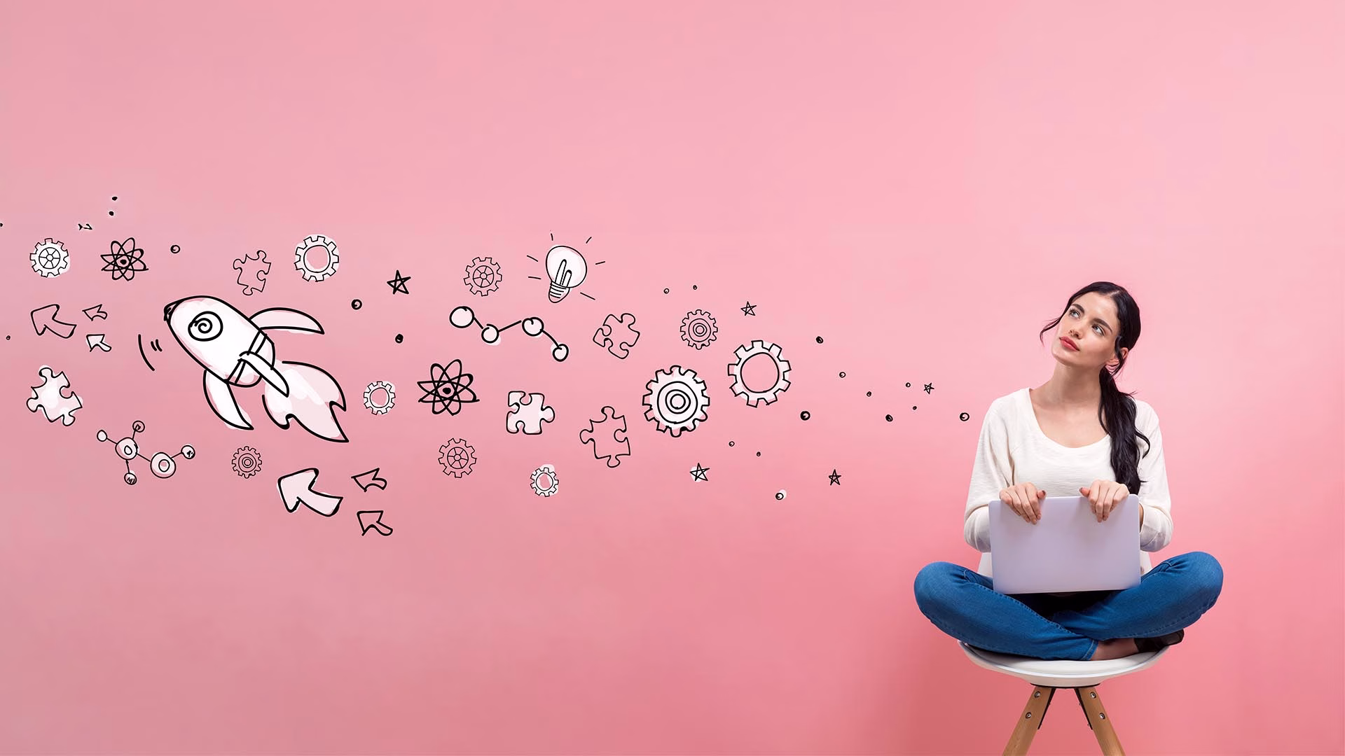 Woman thinking with a wall of icons behind her including lightbulbs, jigsaw pieces, rockets, arrows, and stars