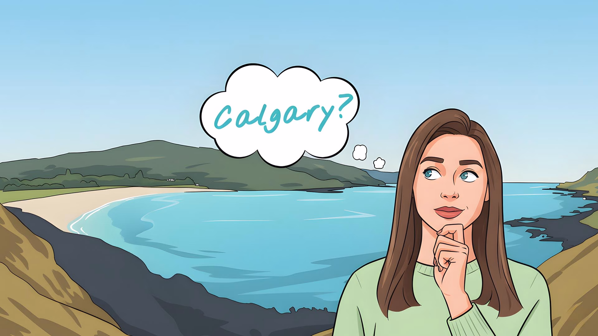 cartoon character woman thinking about a place name, Calgary, there is a beach behind her