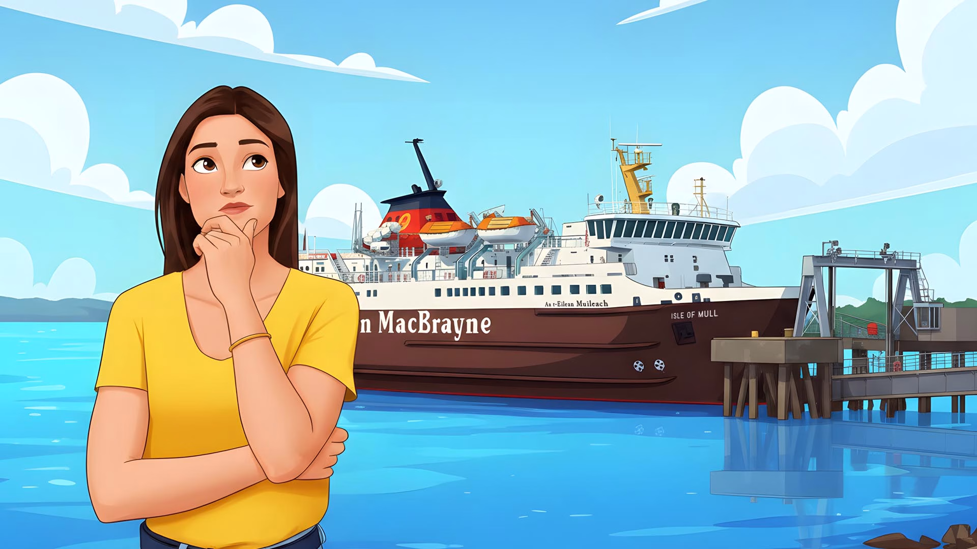 A woman stading next to the Isle of Mull ferry in Craignure, cartoon style.