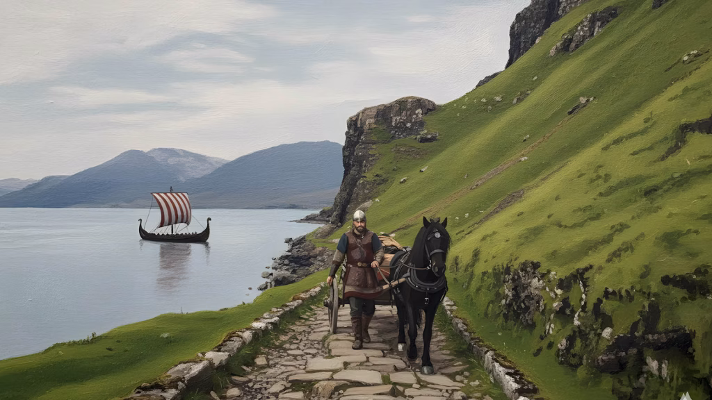 A viking walking along a rock path on the Isle of Mull, there is a longship in the loch behind him